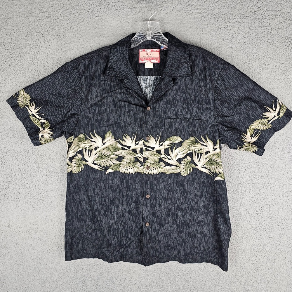 RJC Hawaiian Shirt Mens Large Black‎ Palms Print Long Sleeve Collar Button-Up